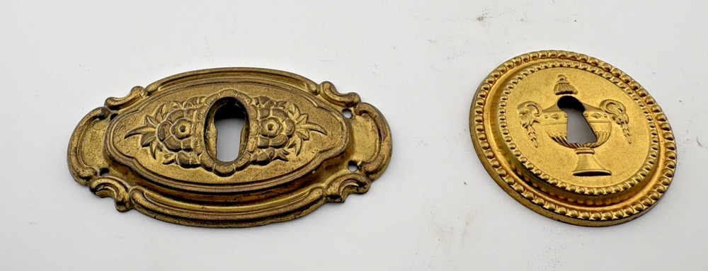 Two Vintage Brass Vintage Key Hole Covers Lock Hardware escutcheons poss repro